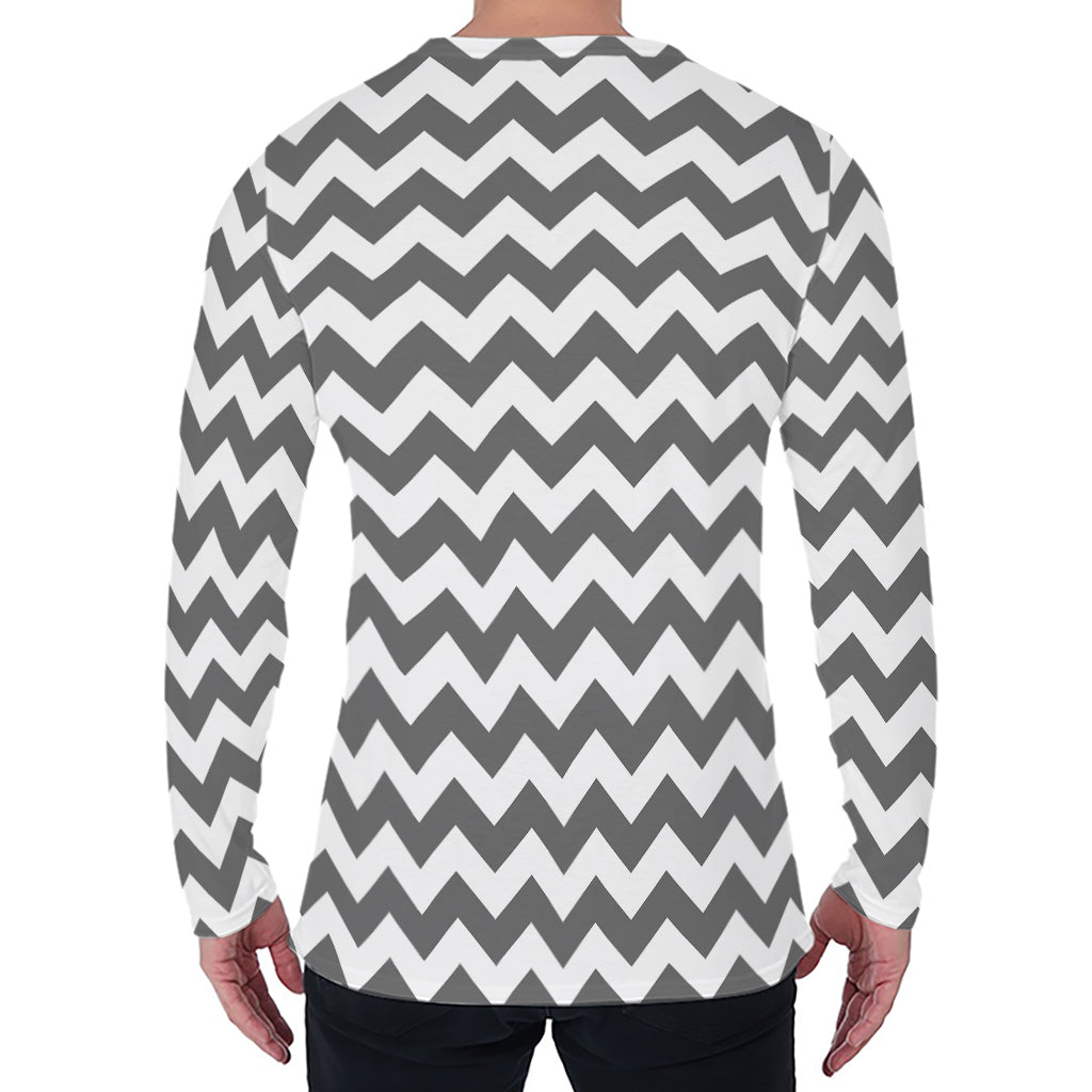 Grey And White Chevron Pattern Print Men's Long Sleeve T-Shirt