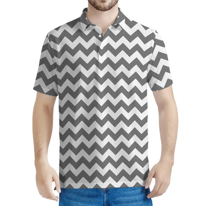 Grey And White Chevron Pattern Print Men's Polo Shirt