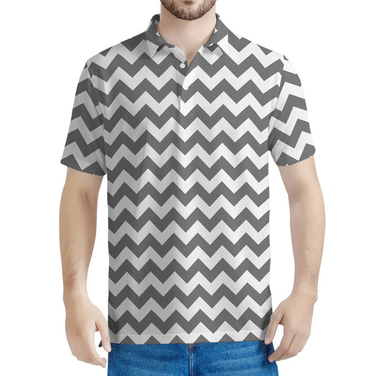 Grey And White Chevron Pattern Print Men's Polo Shirt