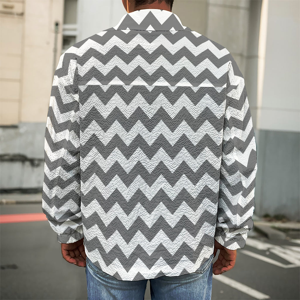 Grey And White Chevron Pattern Print Men's Shirt Jacket