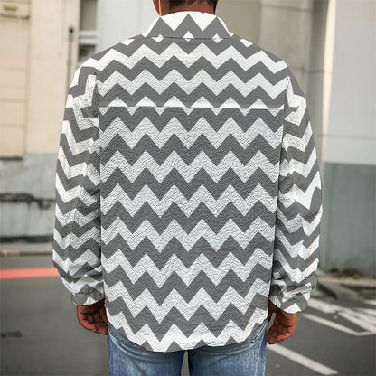 Grey And White Chevron Pattern Print Men's Shirt Jacket
