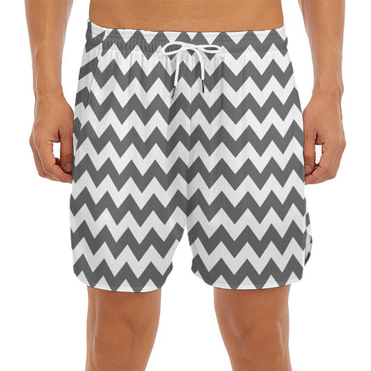 Grey And White Chevron Pattern Print Men's Split Running Shorts