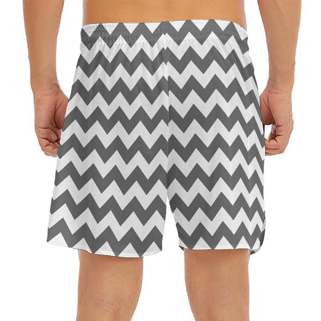 Grey And White Chevron Pattern Print Men's Split Running Shorts