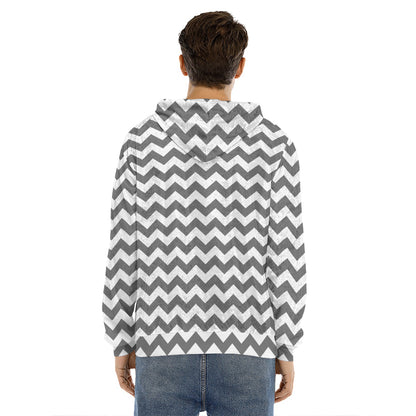 Grey And White Chevron Pattern Print Men's Velvet Pullover Hoodie