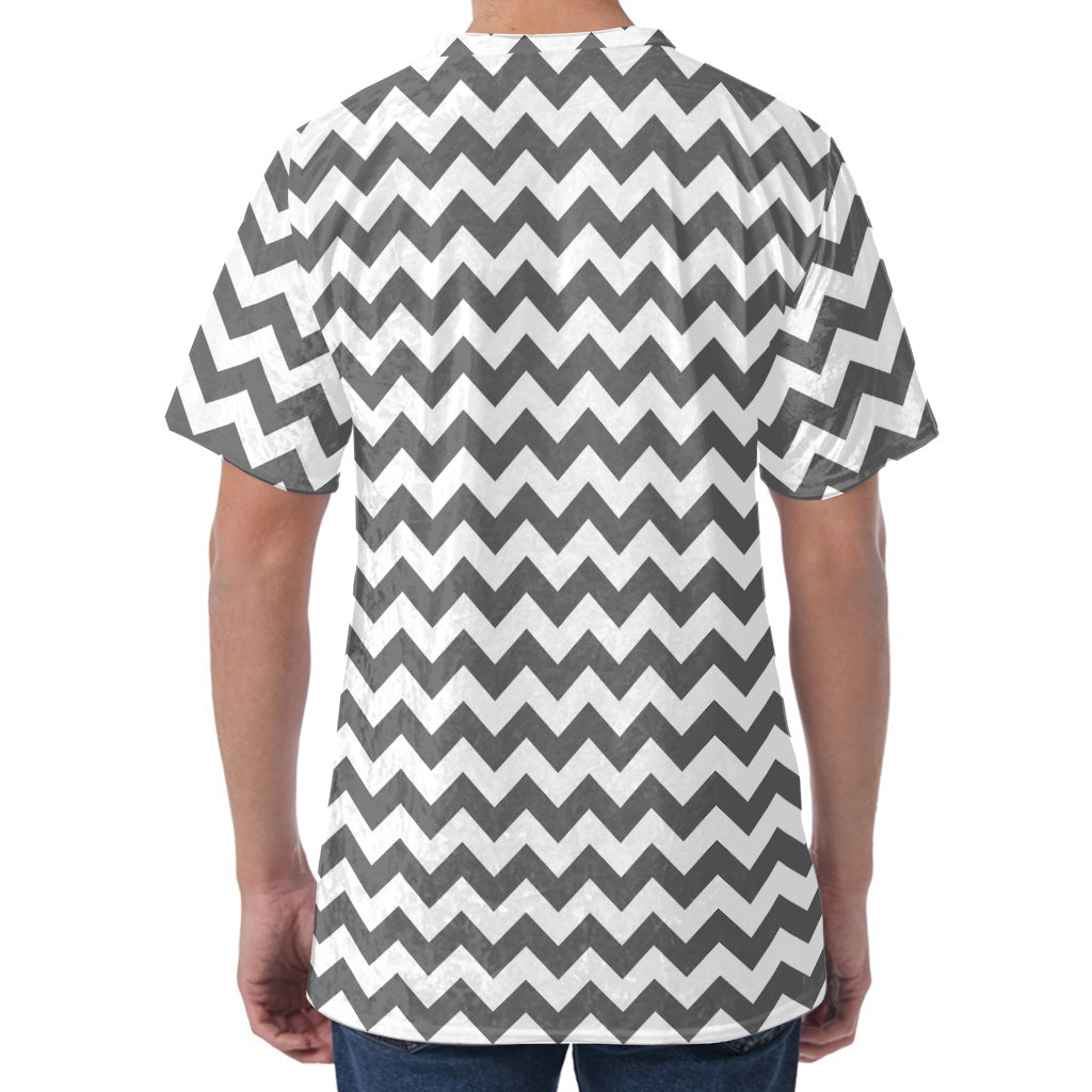 Grey And White Chevron Pattern Print Men's Velvet T-Shirt