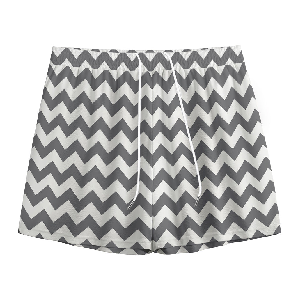 Grey And White Chevron Pattern Print Mesh Shorts
