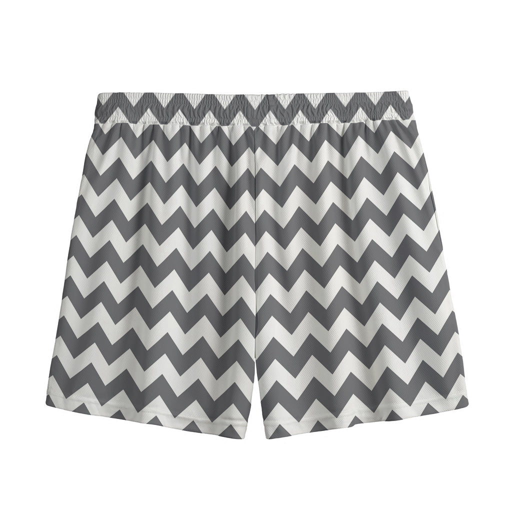 Grey And White Chevron Pattern Print Mesh Shorts