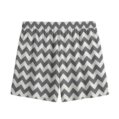 Grey And White Chevron Pattern Print Mesh Shorts