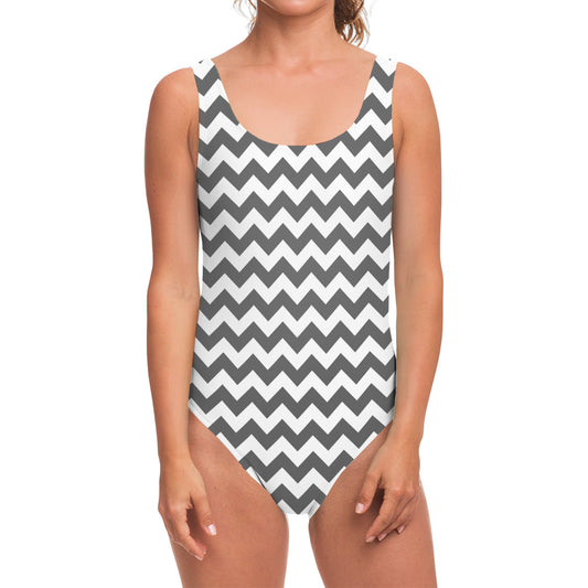 Grey And White Chevron Pattern Print One Piece Swimsuit