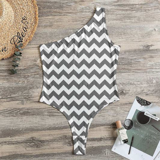 Grey And White Chevron Pattern Print One Shoulder Bodysuit