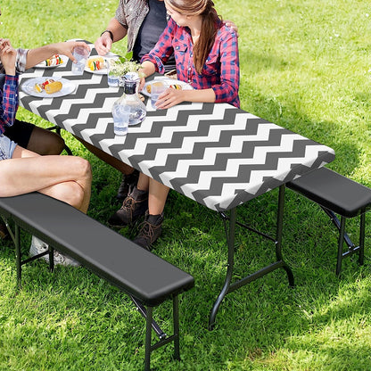 Grey And White Chevron Pattern Print Picnic Table Cover