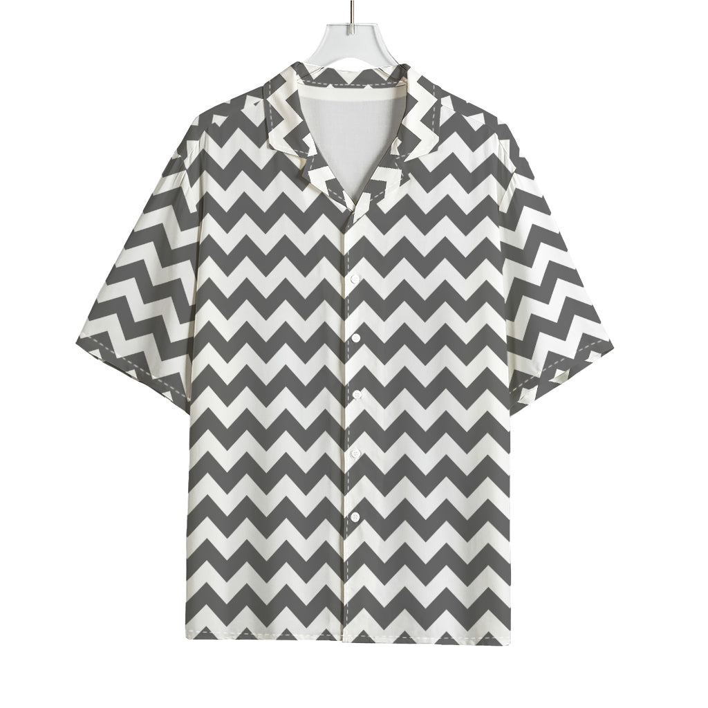Grey And White Chevron Pattern Print Rayon Hawaiian Shirt
