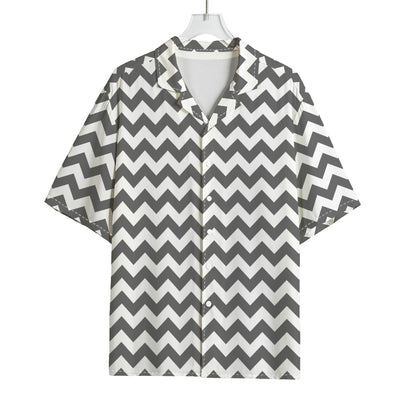 Grey And White Chevron Pattern Print Rayon Hawaiian Shirt