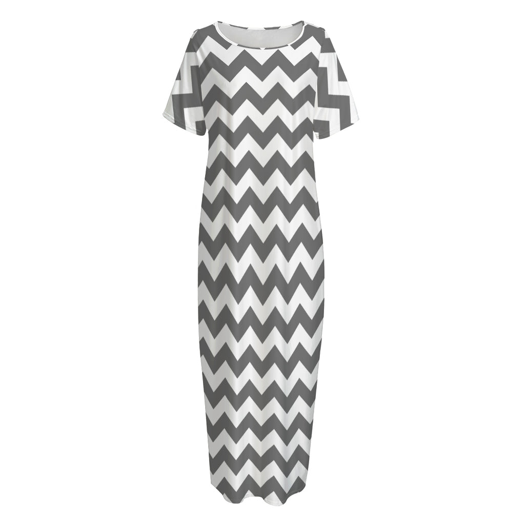 Grey And White Chevron Pattern Print Short Sleeve Long Nightdress