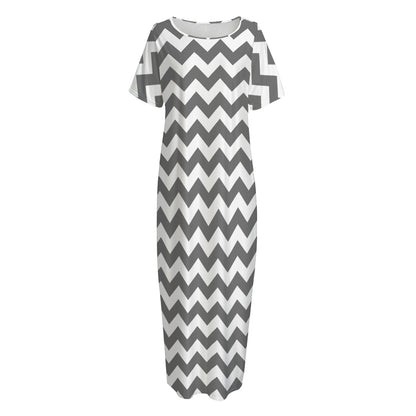 Grey And White Chevron Pattern Print Short Sleeve Long Nightdress