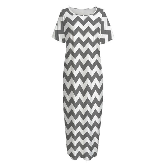 Grey And White Chevron Pattern Print Short Sleeve Long Nightdress