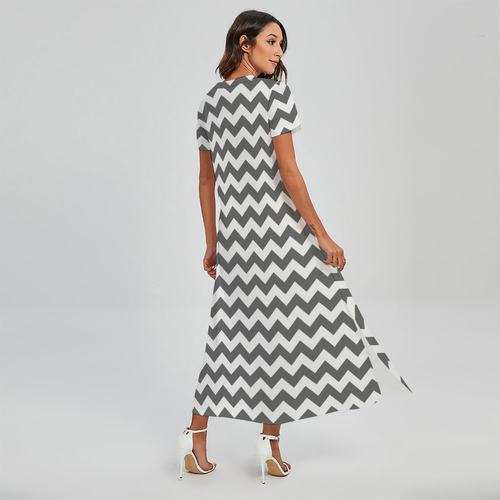 Grey And White Chevron Pattern Print Short Sleeve Maxi Dress