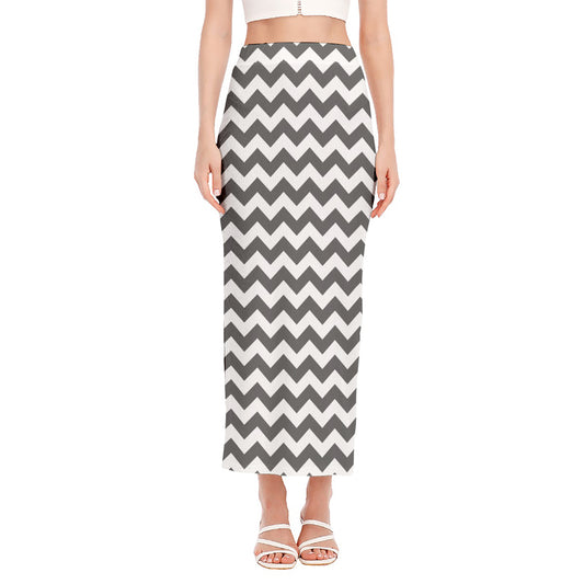 Grey And White Chevron Pattern Print Side Slit Maxi Skirt