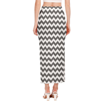 Grey And White Chevron Pattern Print Side Slit Maxi Skirt