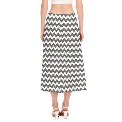 Grey And White Chevron Pattern Print Side Slit Midi Skirt