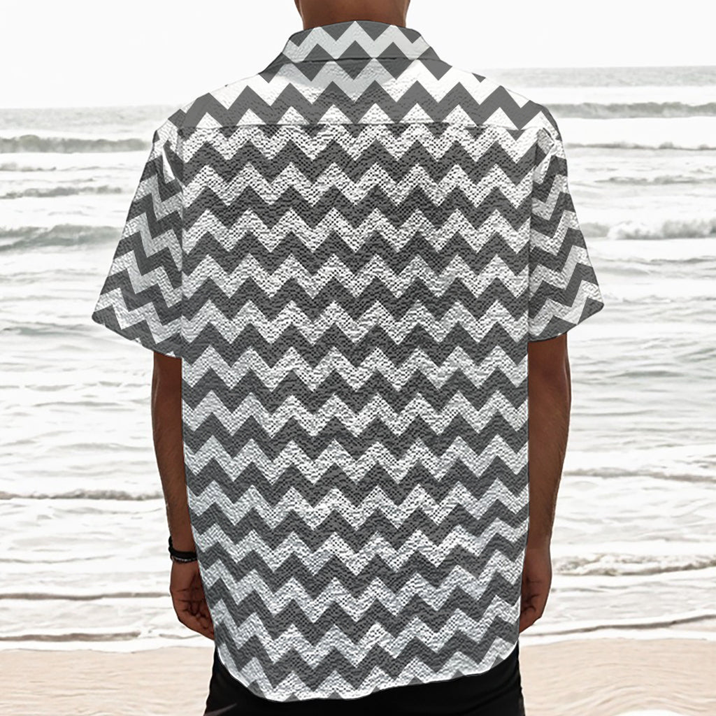 Grey And White Chevron Pattern Print Textured Short Sleeve Shirt