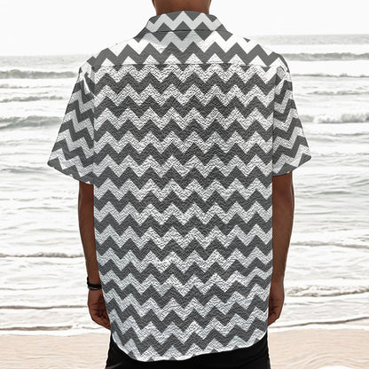Grey And White Chevron Pattern Print Textured Short Sleeve Shirt