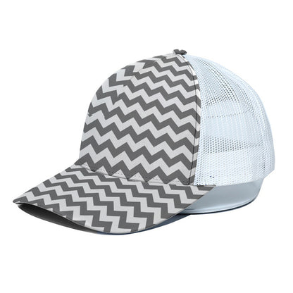 Grey And White Chevron Pattern Print White Mesh Trucker Cap