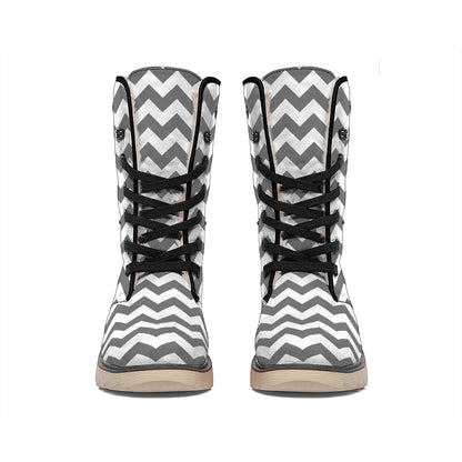 Grey And White Chevron Pattern Print Winter Boots