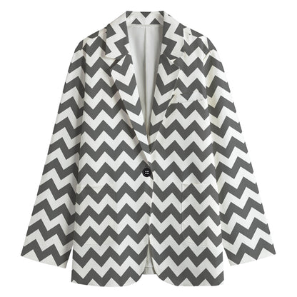Grey And White Chevron Pattern Print Women's Blazer