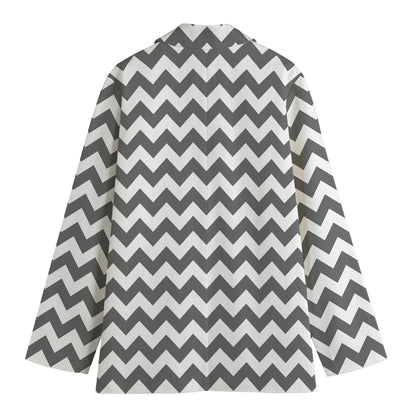 Grey And White Chevron Pattern Print Women's Blazer