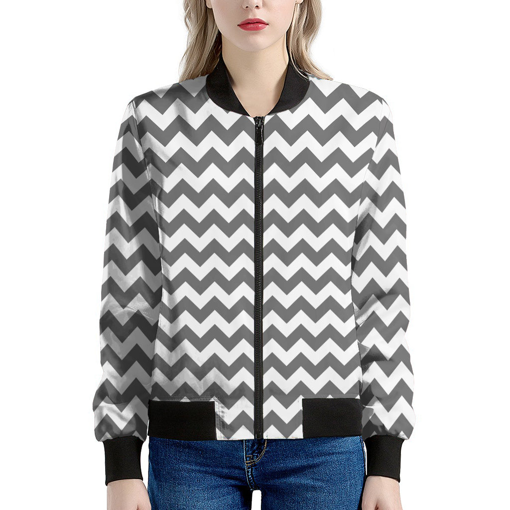 Grey And White Chevron Pattern Print Women's Bomber Jacket