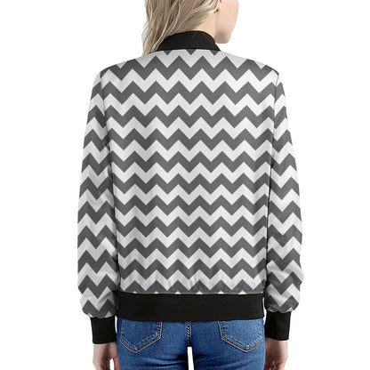 Grey And White Chevron Pattern Print Women's Bomber Jacket