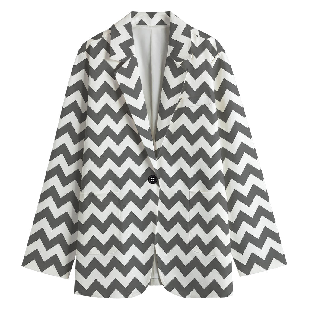 Grey And White Chevron Pattern Print Women's Cotton Blazer