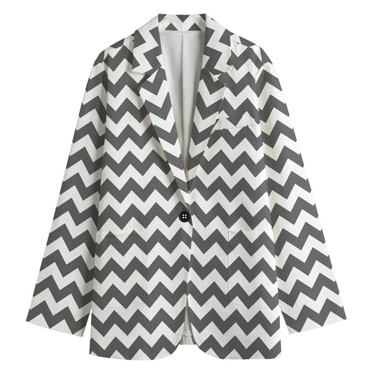 Grey And White Chevron Pattern Print Women's Cotton Blazer