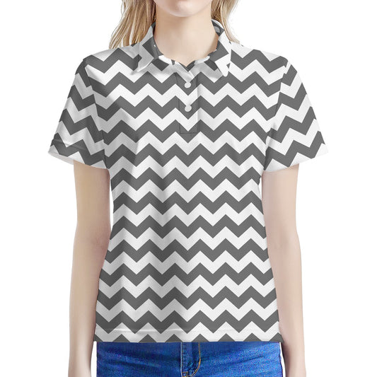 Grey And White Chevron Pattern Print Women's Polo Shirt