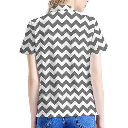 Grey And White Chevron Pattern Print Women's Polo Shirt
