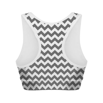 Grey And White Chevron Pattern Print Women's Sports Bra