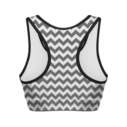 Grey And White Chevron Pattern Print Women's Sports Bra