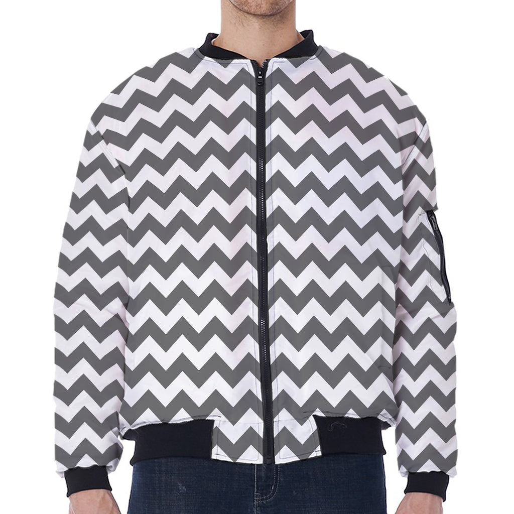 Grey And White Chevron Pattern Print Zip Sleeve Bomber Jacket