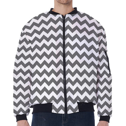 Grey And White Chevron Pattern Print Zip Sleeve Bomber Jacket