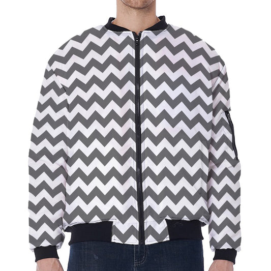 Grey And White Chevron Pattern Print Zip Sleeve Bomber Jacket