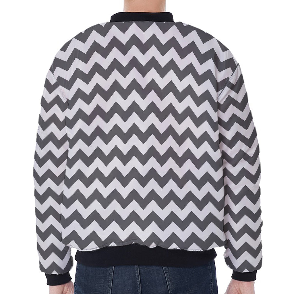 Grey And White Chevron Pattern Print Zip Sleeve Bomber Jacket