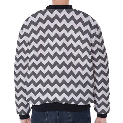 Grey And White Chevron Pattern Print Zip Sleeve Bomber Jacket