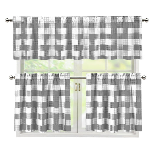 Grey And White Gingham Pattern Print 3 Piece Kitchen Curtains