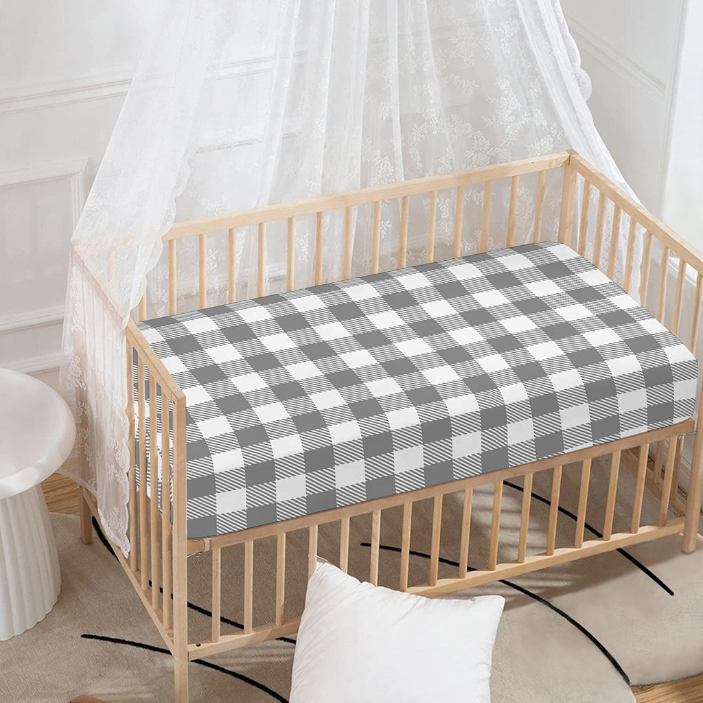 Grey And White Gingham Pattern Print Baby Crib Sheet