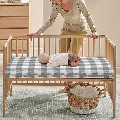 Grey And White Gingham Pattern Print Baby Crib Sheet