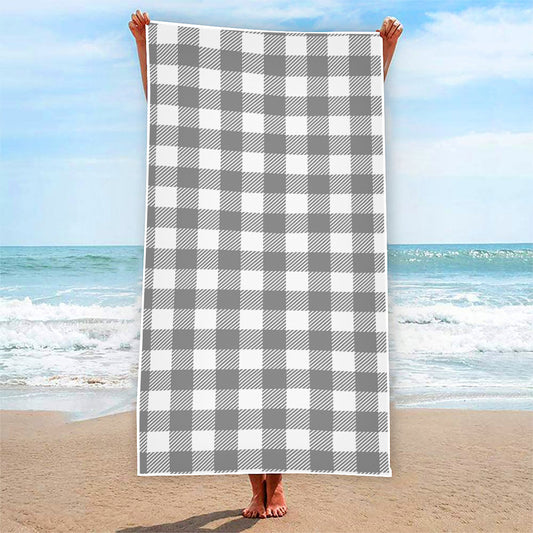 Grey And White Gingham Pattern Print Beach Towel