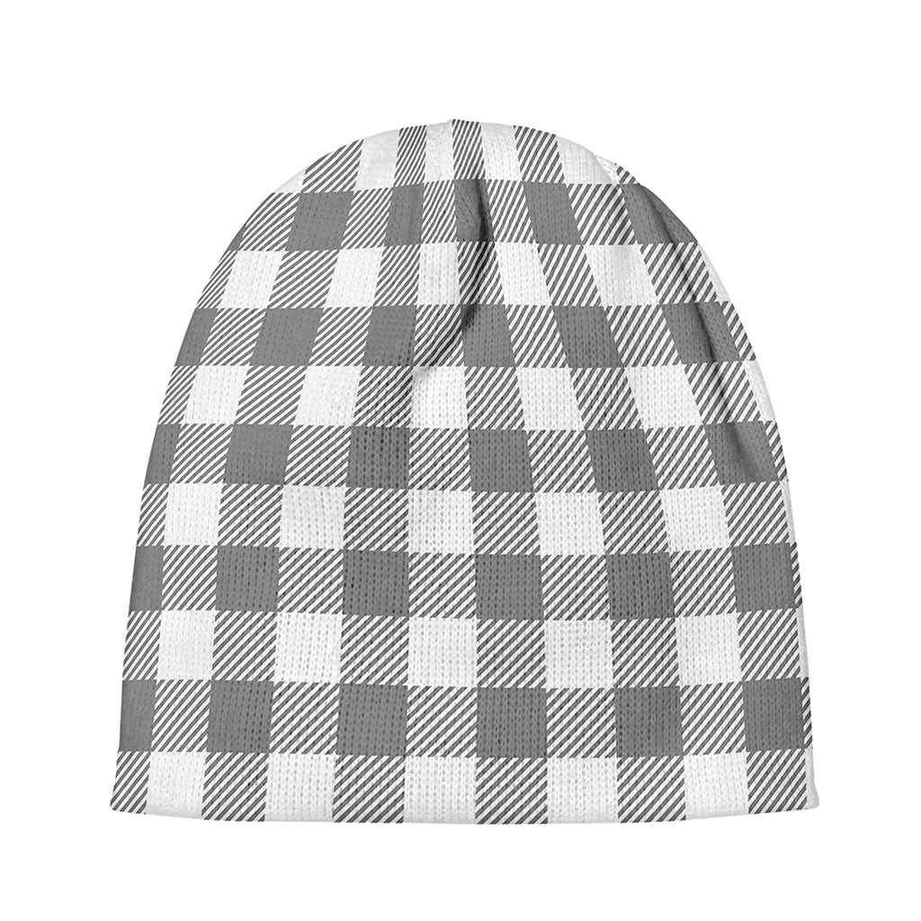 Grey And White Gingham Pattern Print Beanie