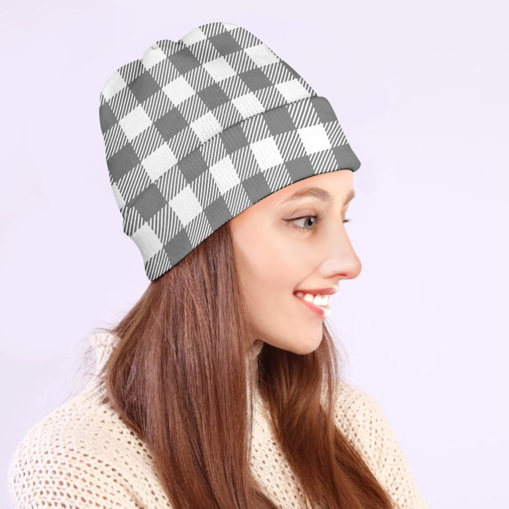 Grey And White Gingham Pattern Print Beanie