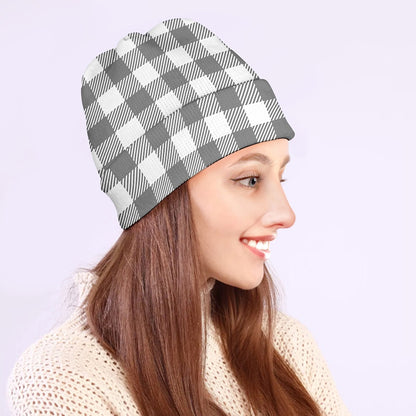 Grey And White Gingham Pattern Print Beanie